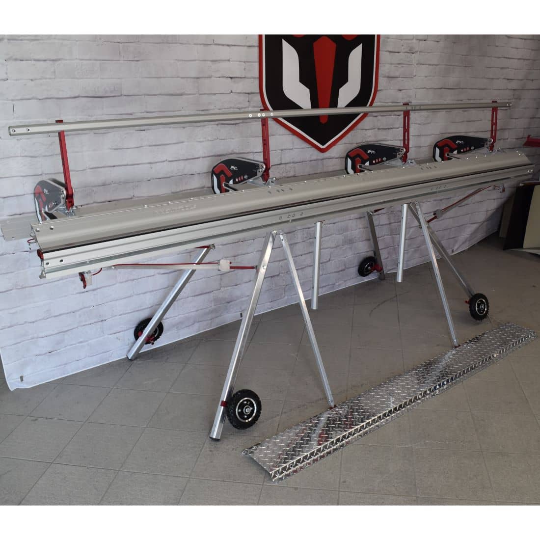Innovatools modular siding brake in showroom with a collapsible stand and stabilizing platform